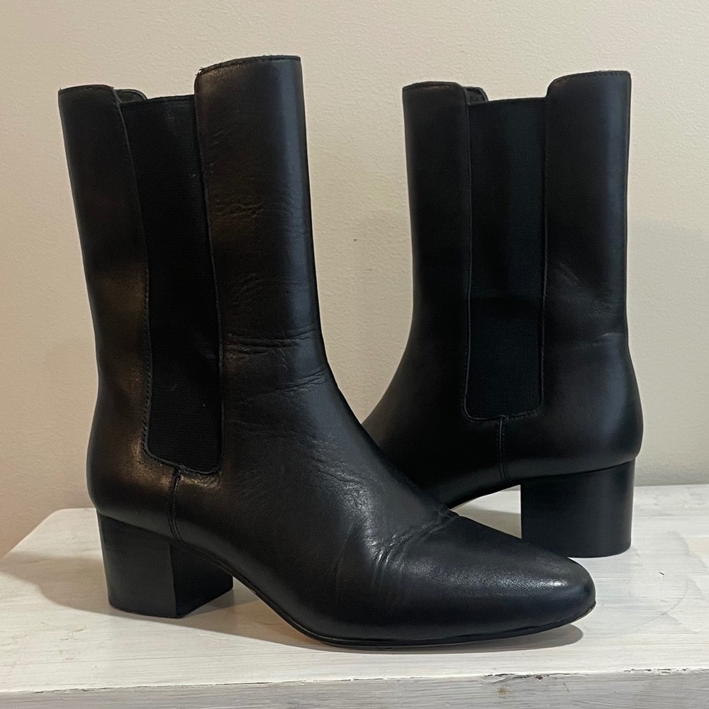 J Crew women Leather High Shaft Stacked Heel pointed toe Boots BA767 Black Sz 5
